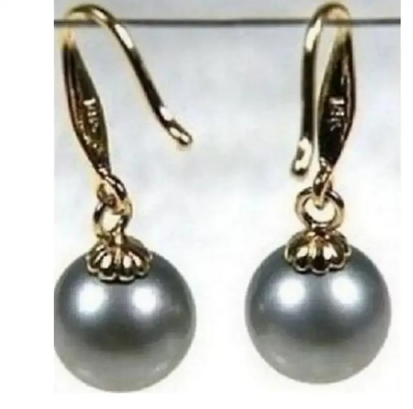 noble jewelry charming natural AAA+ Round 9-10mm tahitian gray pearl earring 14K gold hook