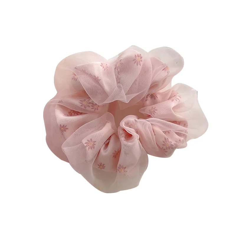 Hair Scrunchies Fashion Flower Print Double Layer Silk Organza Women Big Hair Rope Retro Ponytail Hair Band Elastic Hair Tie