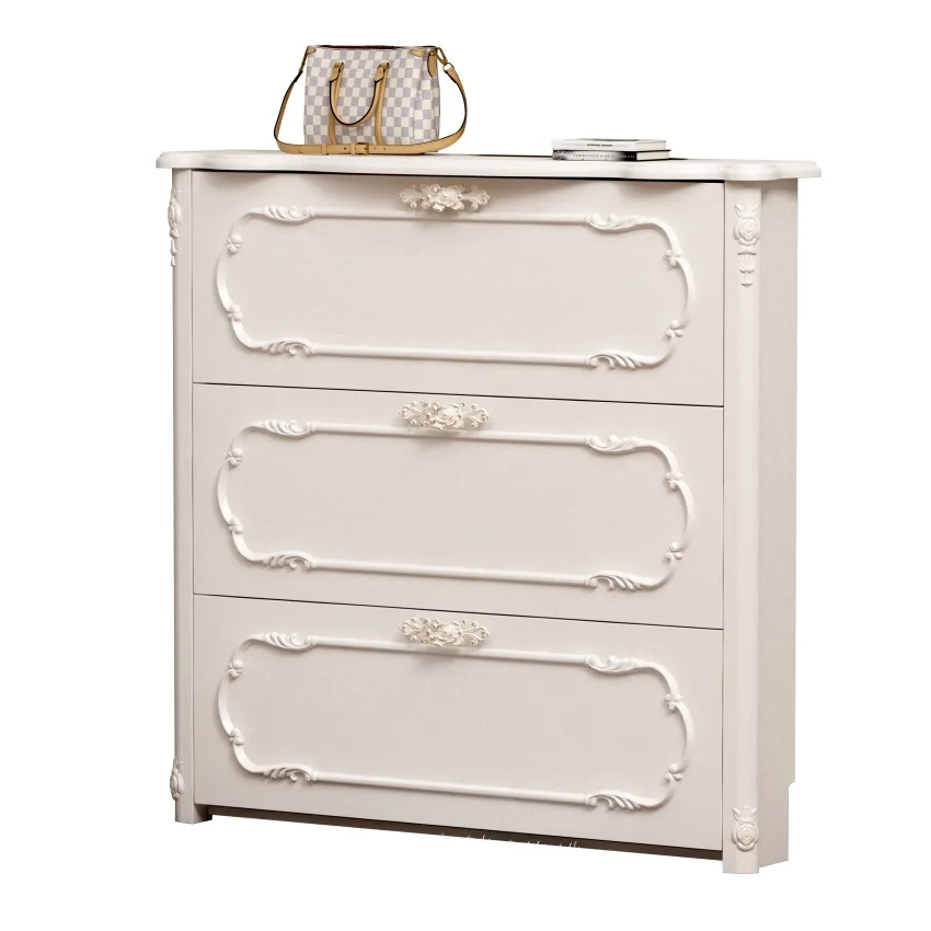 Ultra-thin tipping bucket shoe cabinet pastoral European simple modern entrance foyer cabinet white door locker shoe rack