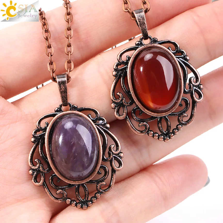 CSJA Natural Stone Egg Shape Pendant Necklace Crystal Amethyst Tiger Eye Agate for Women Men Vintage Jewelry Gift Accessory H835