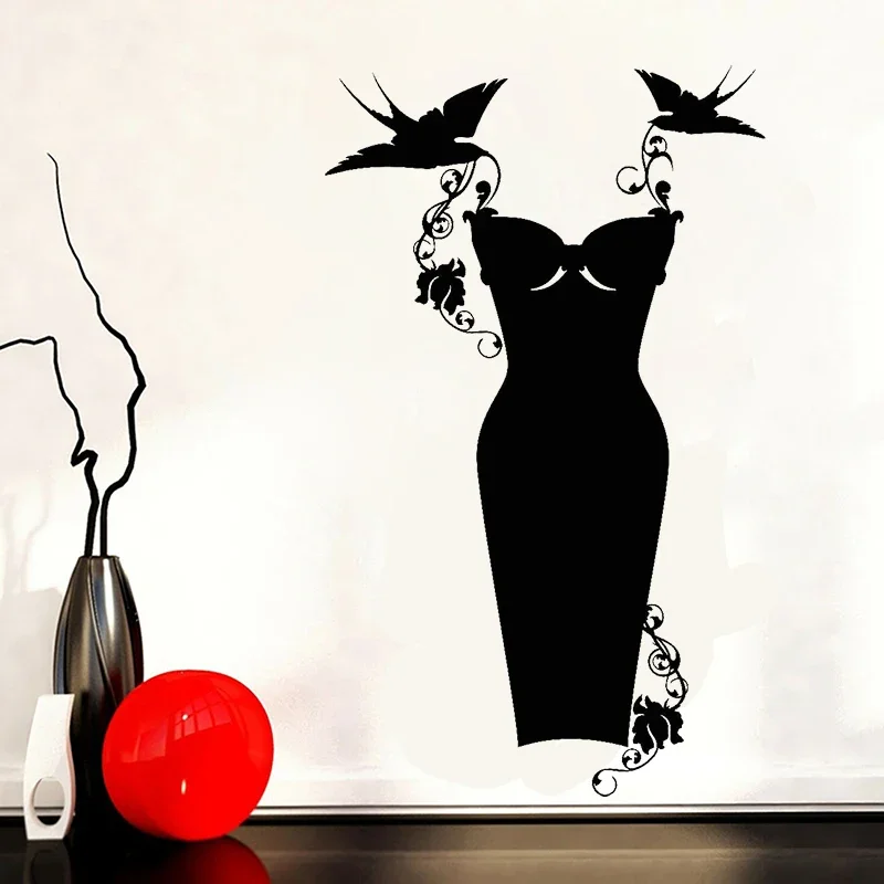 Vinyl Wall Decal Black Dress Shop Fashion Clothes Shopping Wall Sticker Dress Shop Decoration Accessories Removable Mural C061