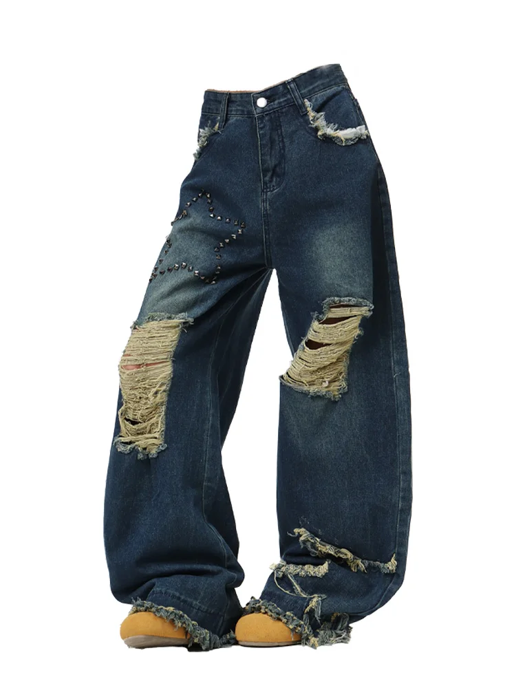 

Women's Blue Baggy Jeans Y2K Decorative Diamonds High Street Trousers Harajuku Hot Girl 2000s Style Retro Pants Jeans Clothing