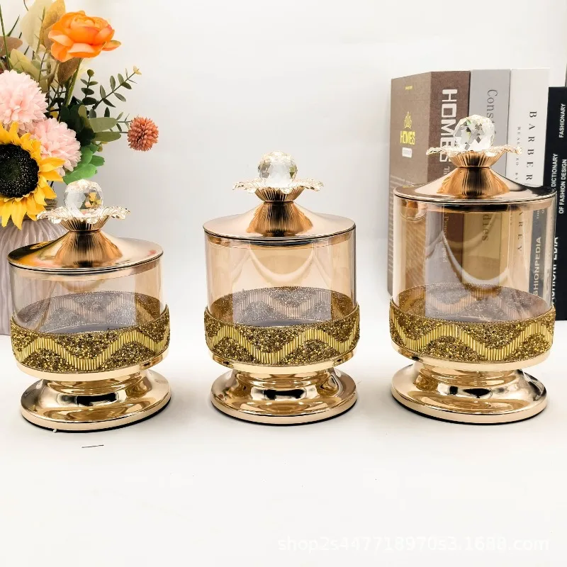 European Metal Candy Jar Gold Glass Scented Candle Jewelry Box Gilded Candy Candy Dried Fruit Storage Jar Living Room Decoration