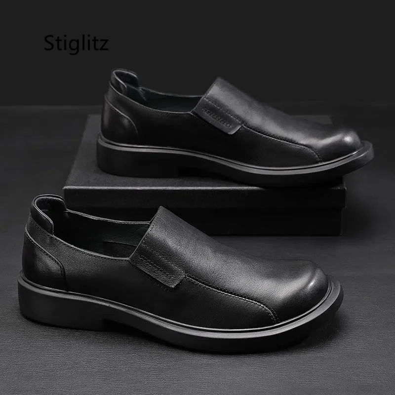 Black Genuine Leather Men\'s Shoes Loafers Lazy Soft Sole Casual Leather Shoes Slip On Round Toe Business Dress Male Shoes