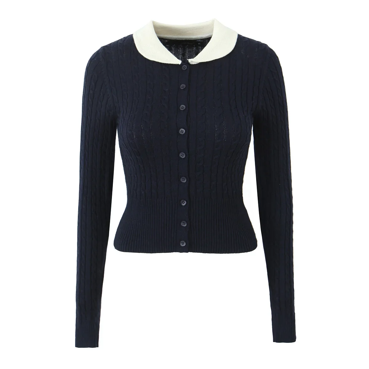 Suninheart Women Contrast Color Lapel Collar Cable Twist Knitted Cardigan Center Buttons Sweater Full Sleeve Short Jumper Navy