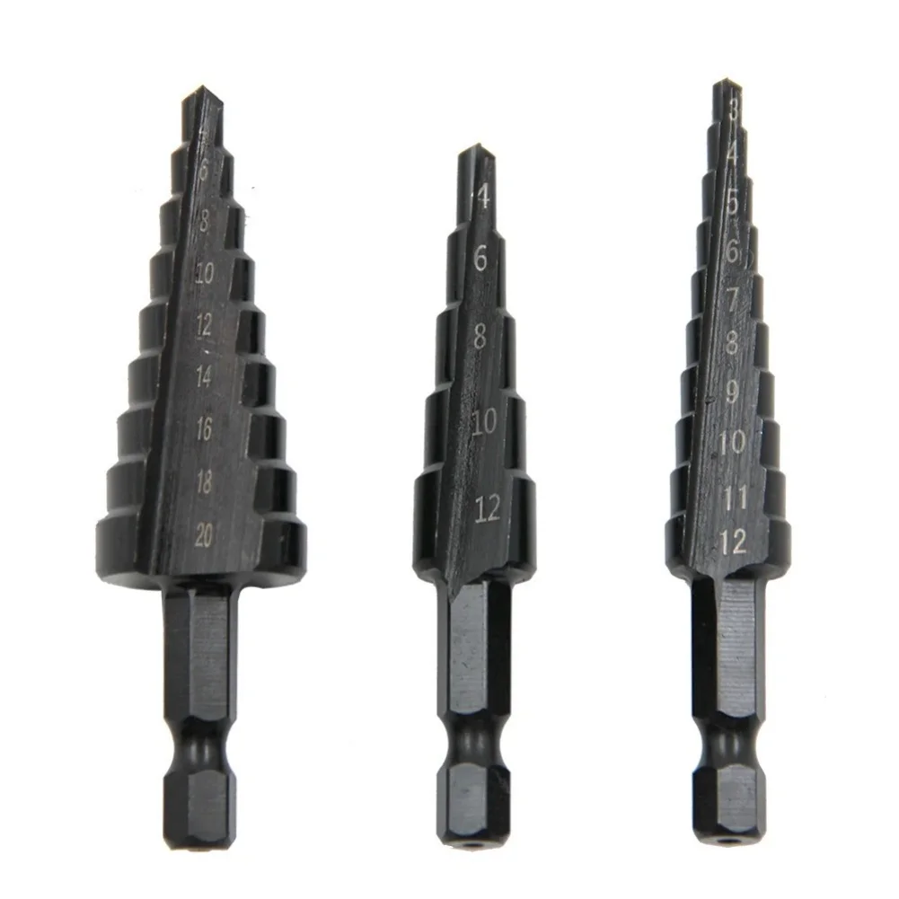 3-teiliger Stufenbohrer, HSS-Sechskantschaft, gerade Nut, schwarzer Stufenbohrer, 3–12/4–12/4–20/4–32 mm, Reibturm-Bohrwerkzeug-Set – Detail 7