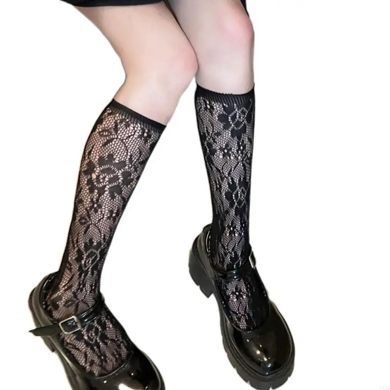 

195E женские кружевные сетчатые носки с цветочным рисунком в стиле Лолиты, милые японские носки до середины икры