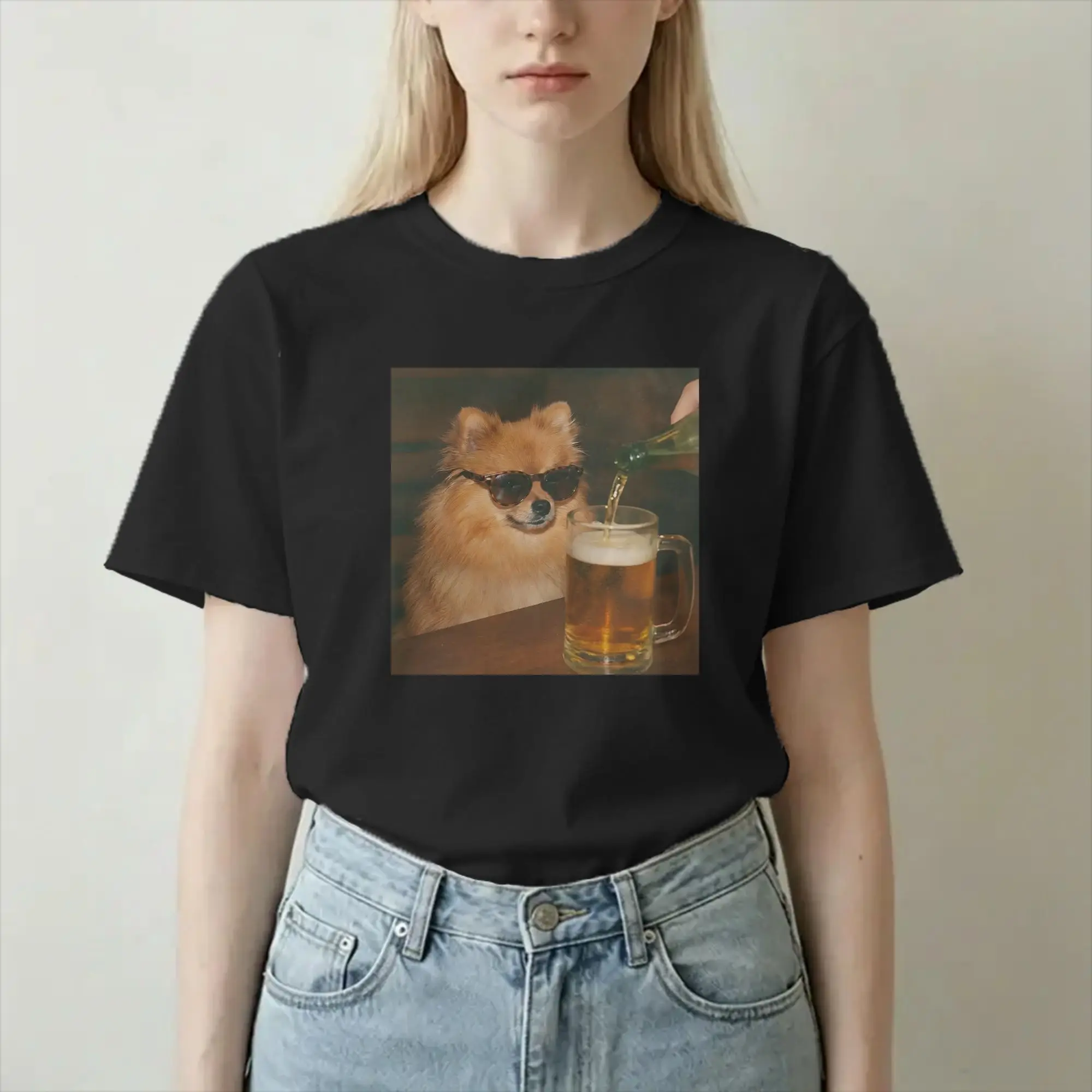 Men Women T-Shirts Pomeranian Drinking Beer Sunglasses Funny Pure Cotton Tees Short Sleeve  T Shirts Crewneck Tops Printing