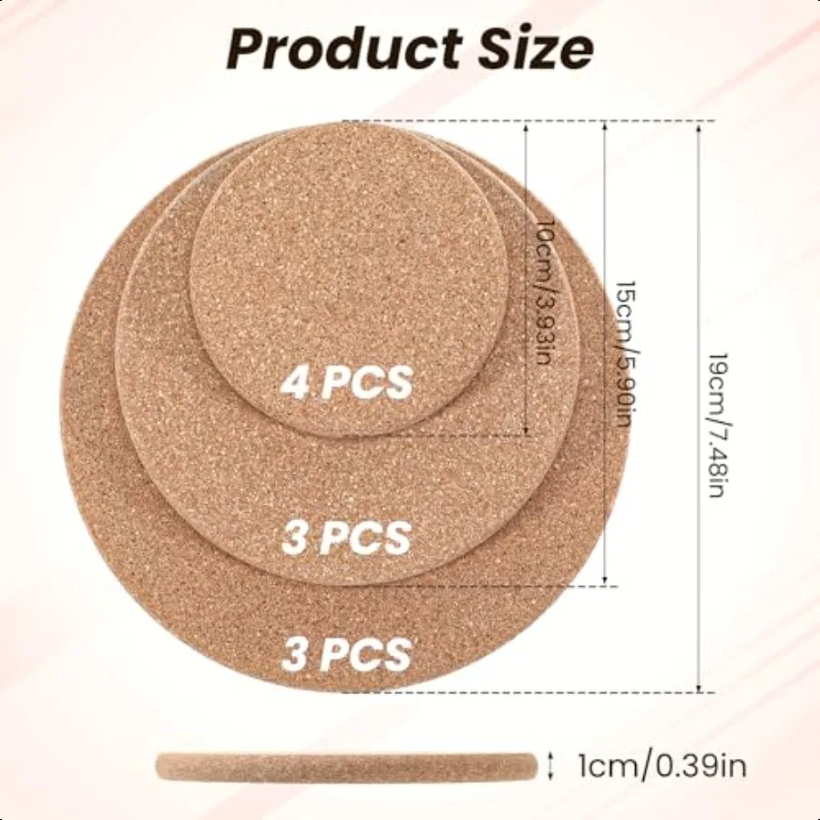 10 عبوات من قواعد الأكواب المصنوعة من الفلين 4 6 8 بوصة طبقات مزدوجة من الصلب السميك لزراعة الفلين وأصحاب النباتات الحصير المستديرة للتدفق الداخلي #3