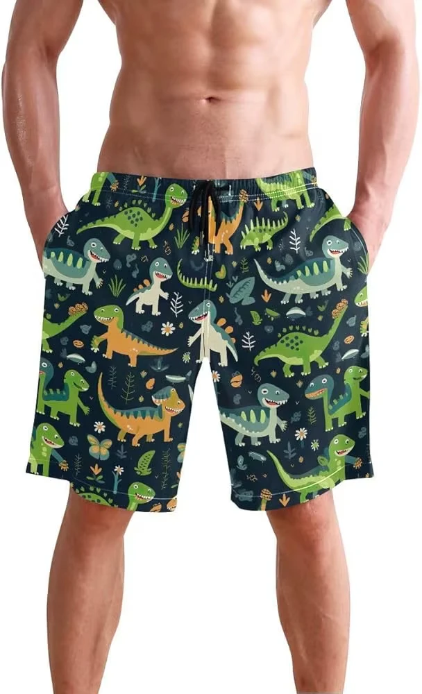 

Men's Colorful Dinosaur & Mushroom Alien UFO Print Hawaiian Shorts - Vintage Casual Beach Shorts with Adjustable SUMMER