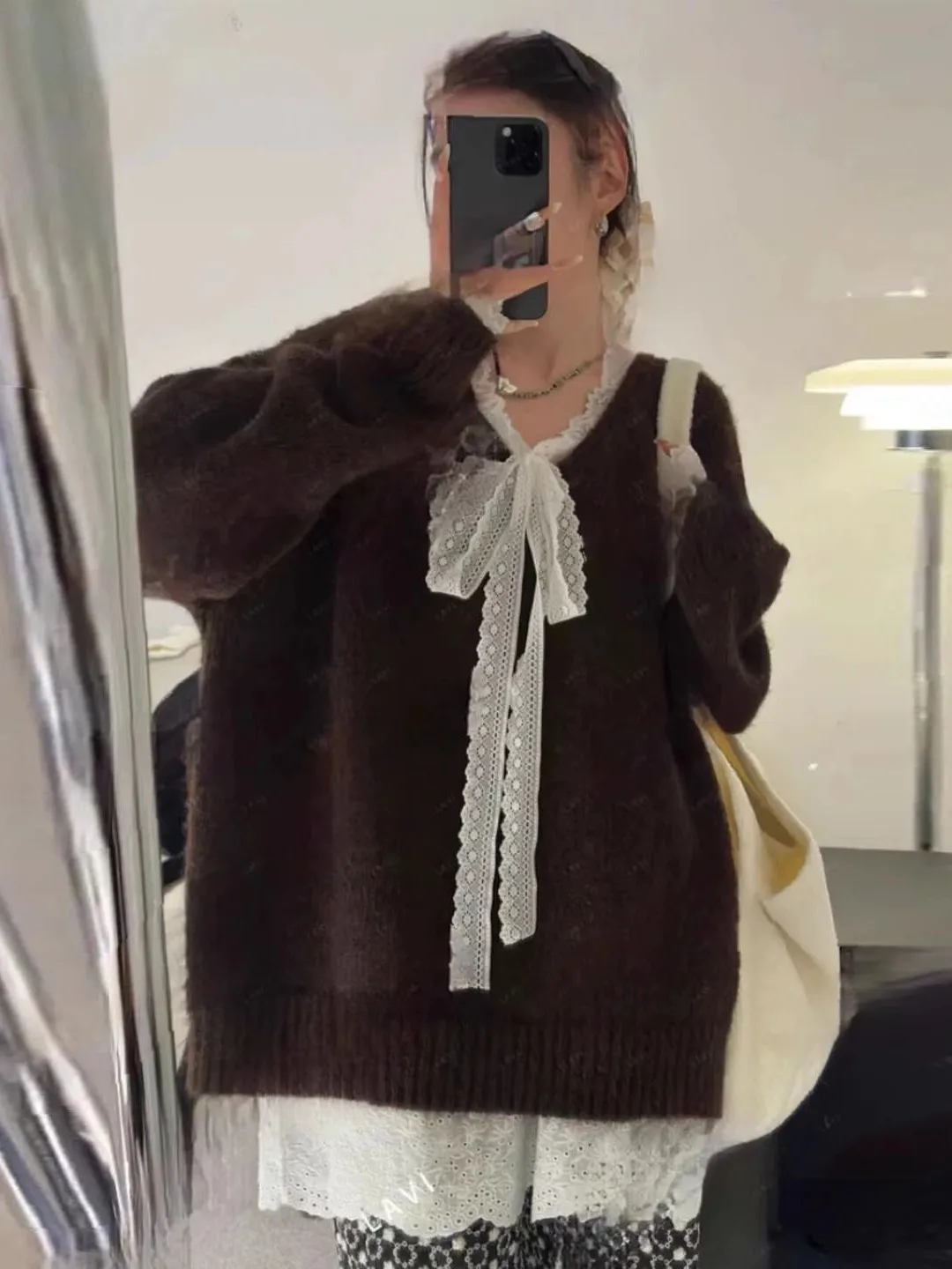 

Lace Trim Lazy Sle Mid-Length Women's Knitted Sweater Autumn Winter Korean Anti-Aging Vintage round Ne Warm Long Sve Top