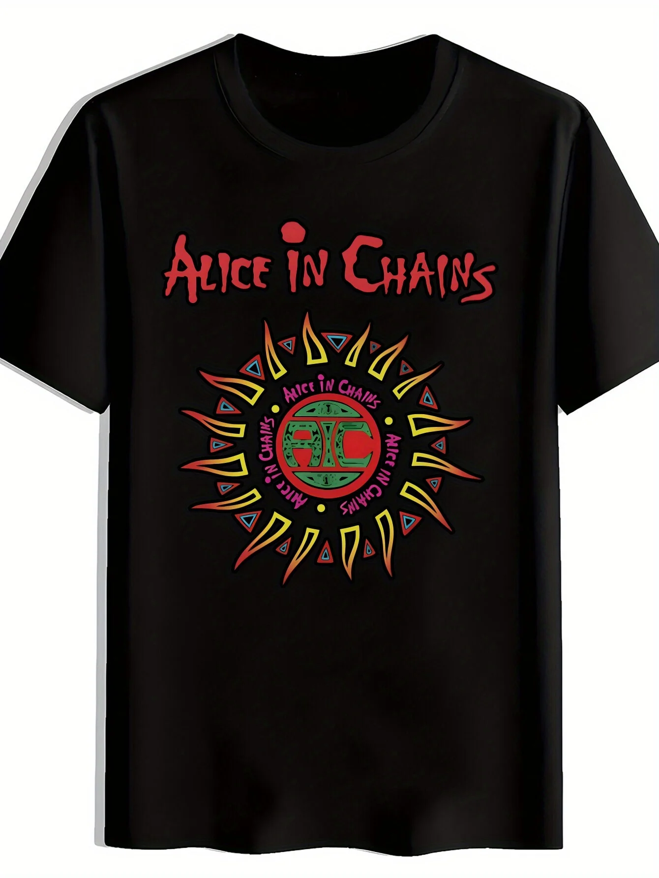 Men Retro Rock Band Graphic T-Shirt Short Sleeve Crew Neck Vibrant Print with Bold "ALICE IN CHAINS" Design Men Clothing