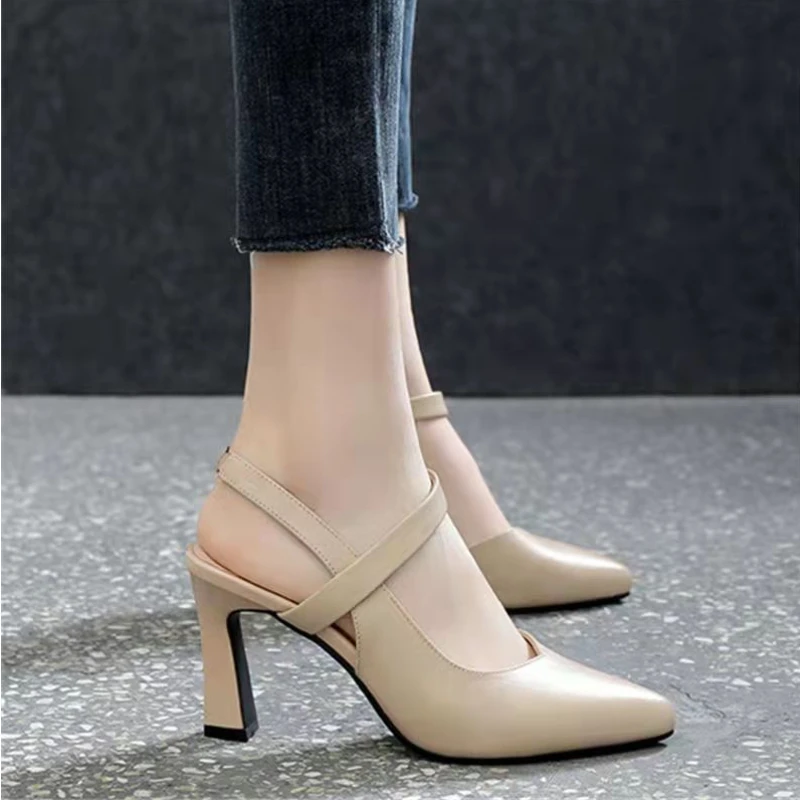 Women High Heels Shoes Pointed Toe Thick Heel Soft Sexy Pu Leather Slip on Pumps High Top Solid Color Casual Party Office Shoes