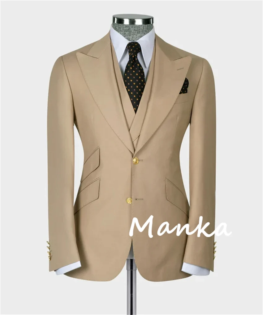 Classic Khaki Men's Suits for Wedding Groom Wear Slim Fit 3PCS Blazer Vest Pants Formal Business Office Party Male Suit