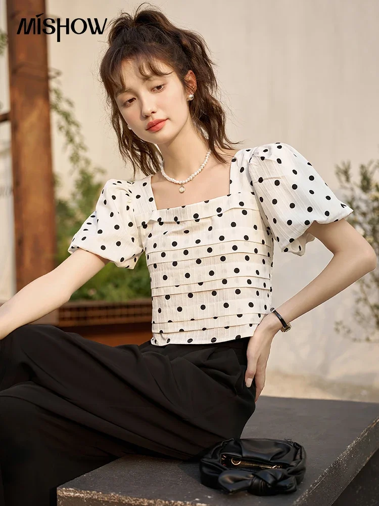 MISHOW French Polka Dot Puff Sleeve Top 2023 Summer Retro Square Neck Rear Collar Lace-up Temperament Short Blouses MXC38X0094