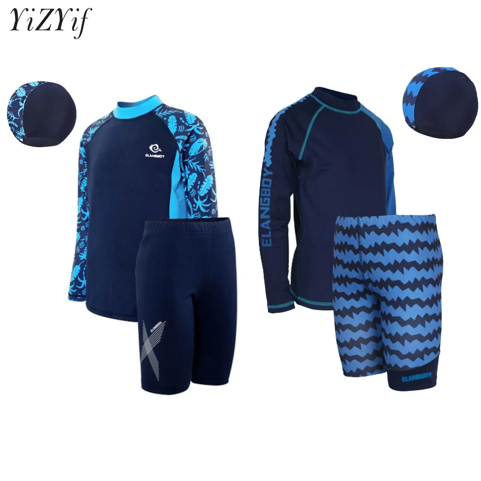 

Kids Boys 3Pcs UPF50+ Sport Swimwear Sets Quick-Dry Swimsuit Long Sleeve Tops Board Short and Swim Hat Rash Guard Bathing Suit