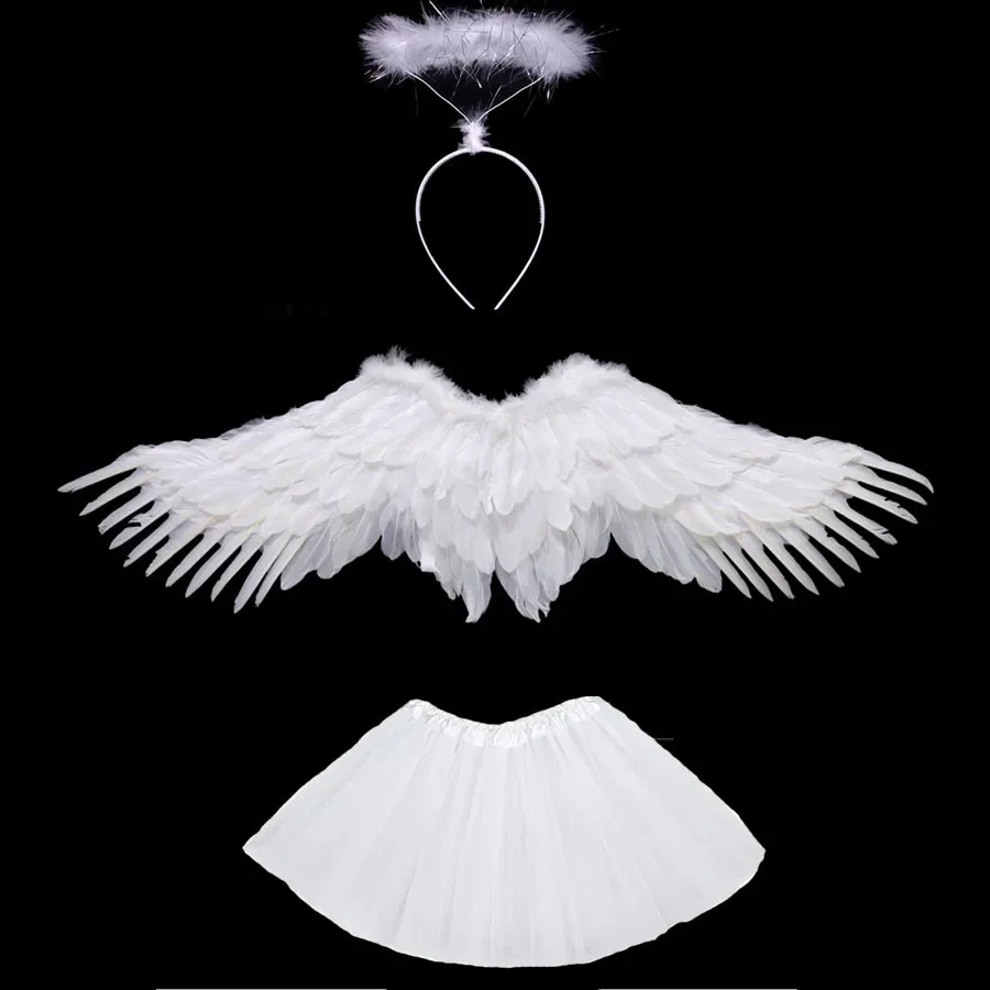 

Women Girl White Black Angel Feather Wing Tutu Skirt Halo Ring Party Birthday Gift Wedding Cosplay Christmas Halloween Costume