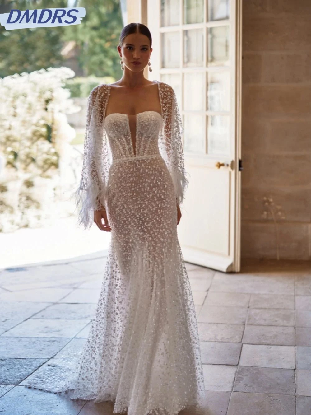 Romantische Sweetheart Hals Bruid Gewaad Lovertjes Eathers Bruidsjurk 2025, Elegante Witte Lange Trouwjurk Aangepaste Robe De Mariée