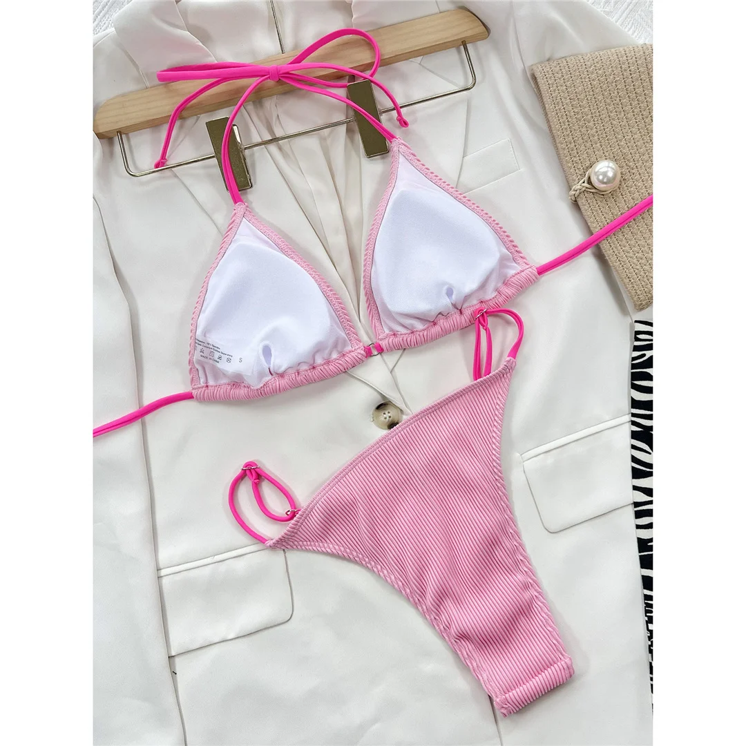 Sexy Neon Neckholder-Bikini mit Rippenstruktur, Damen-Badeanzug, zweiteiliges Bikini-Set, gepolsterter Badeanzug, Badebekleidung für Damen, V4048 – Detail 26