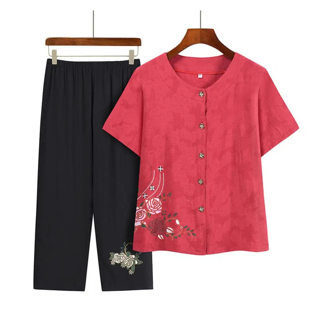 

Summer Flower Pattern Mid-aged Women Outfit Shirts Casual Short Sleeve Single-breasted Blouse Wide Leg Pants Mom Set