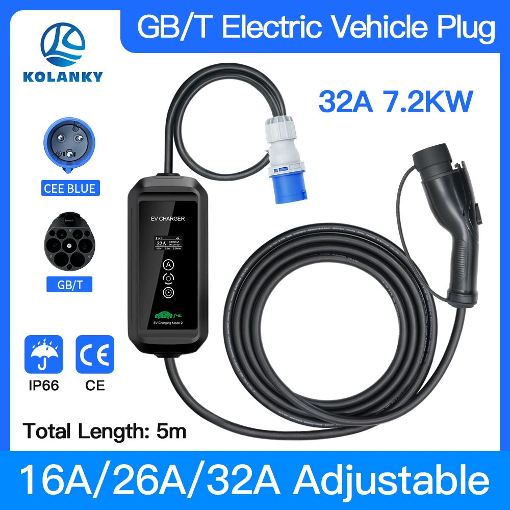 

EV Car Charger GBT Plug 32A 1P 7.2KW EVSE Charging Electric Vehicle PHEV Hybird Charger Adjustable GBT Standard Cable 5M