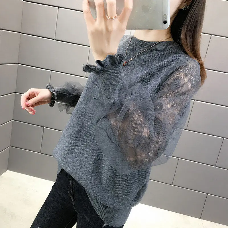 Women\'s Knitted Butterfly Sleeve Sweater, Elegant Fashion, Lace Splicing, Monochromatic Jumper, Women\'s Clothing, New, 2024