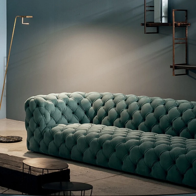 

The first layer of cowhide large flat-floor villa, straight row of three people, pull-button matte leather combination sofa