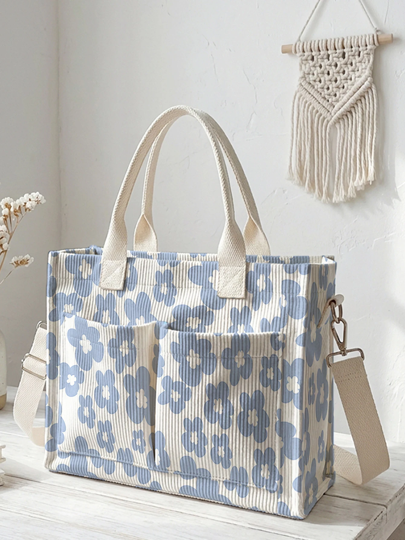 Blue Floral Print Corduroy Tote Bag Large Capacity Multi Pocket Commuter Shoulder Bag