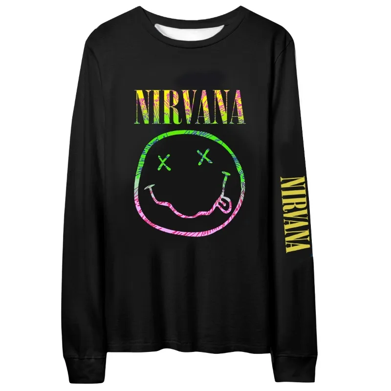 جديد الخريف والشتاء ثلاثية الأبعاد مطبوعة نيرفانا الفرقة كوبين روك وجه مبتسم ابتسامة الرجعية المطبوعة العصرية قمة الموضة قميص طويل الأكمام