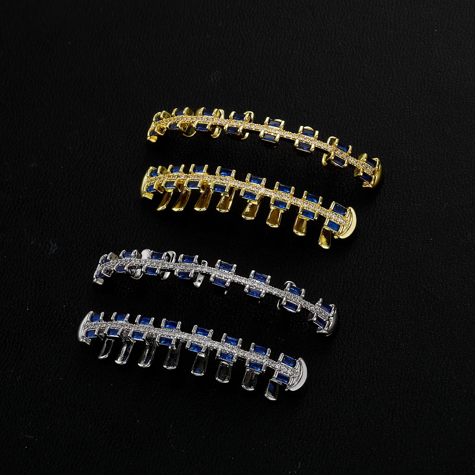 JINAO Hip-Hop Iced Blue Baguette CZ Stein 8 Zähne Rob Grillz Set für Herren & Damen – Glänzende quadratische Grillz für Ober- & Unterkiefer – Punk Rapper Geschenk – Detail 3