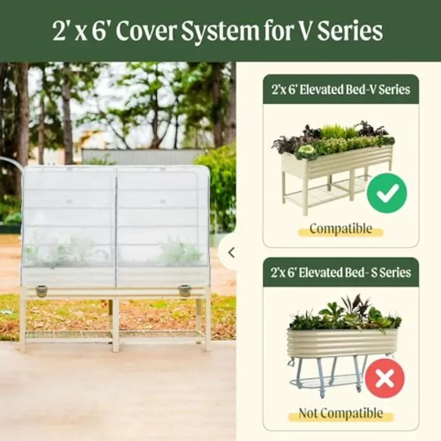 Garden bed mesh cover system for 6' elevated raised beds, V-series polyethylene mesh, black, 4-in-1 trellis and pest cover with
