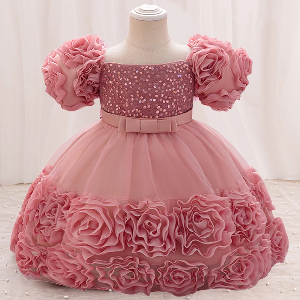 Baby Girl Sequin Flower Dresses Christmas Wedding Lace 1st Birthday Party Dress for Kids Toddler Children Formal Evening Costume