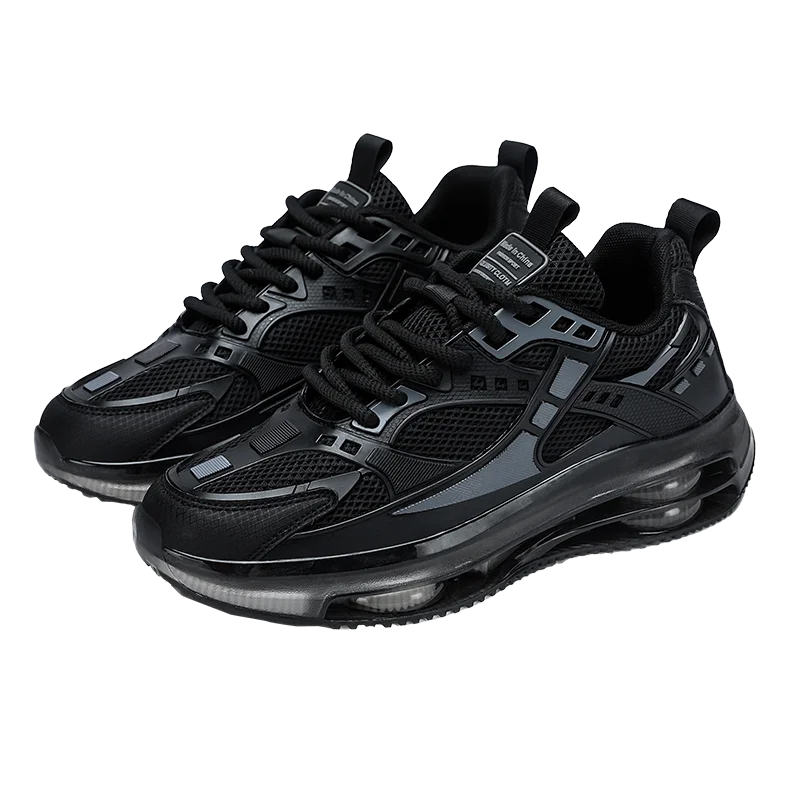 Black Sports Running Shoes Men's Casual Thick Bottom All-Match Shoes Breathable Mesh Inner Comfortable Flat Heel EVA Outsole