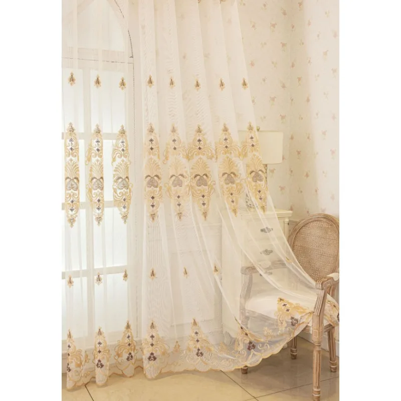 European High-end Atmospheric Beige Embroidery Four Seasons Gauze Curtains Living Room Bedroom Balcony Curtains