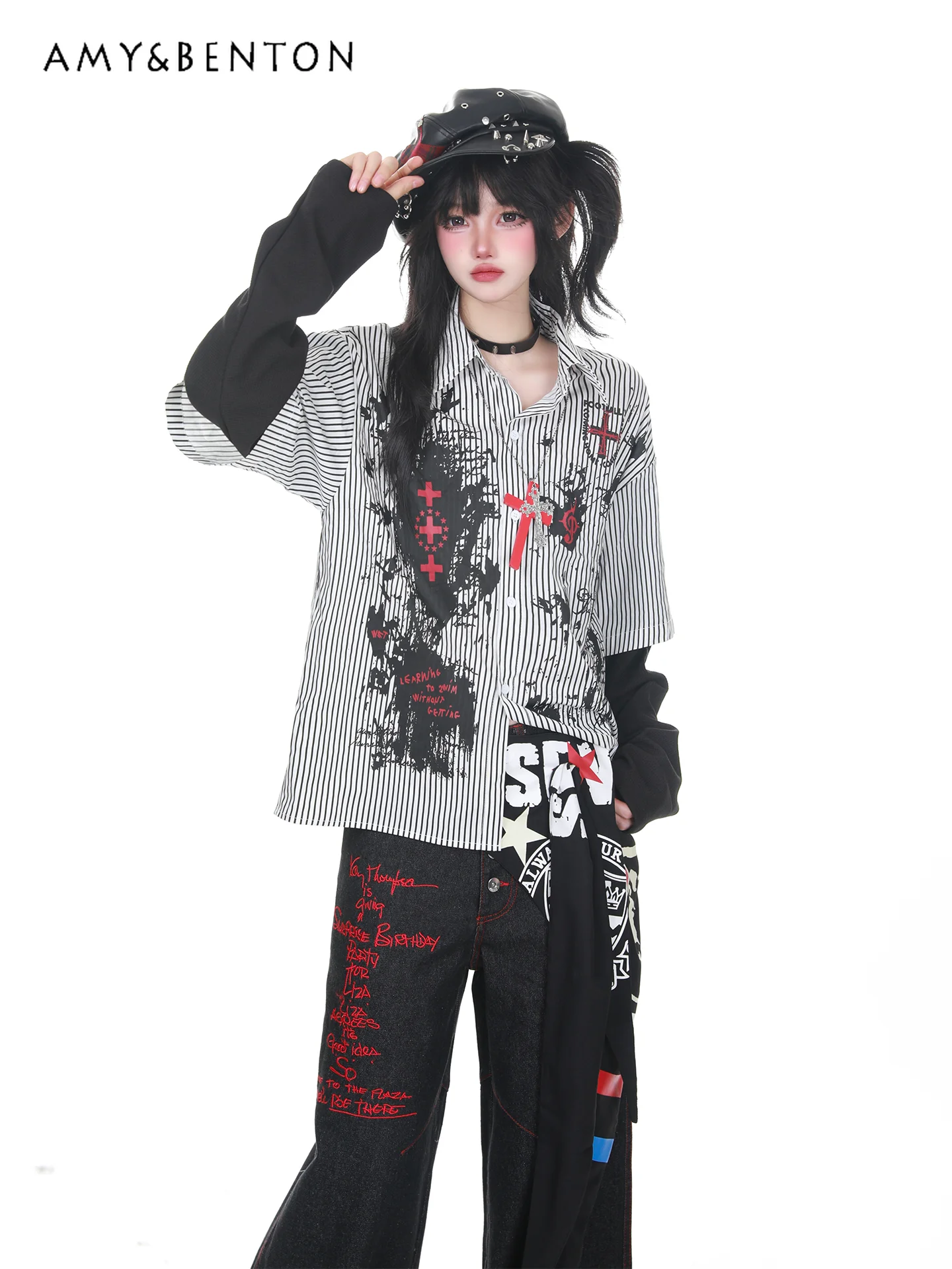 

Spring New American Streetwear Subculture Vintage Women Black White Letter Print Striped Turn-Down Collar Long Sleeve Shirt