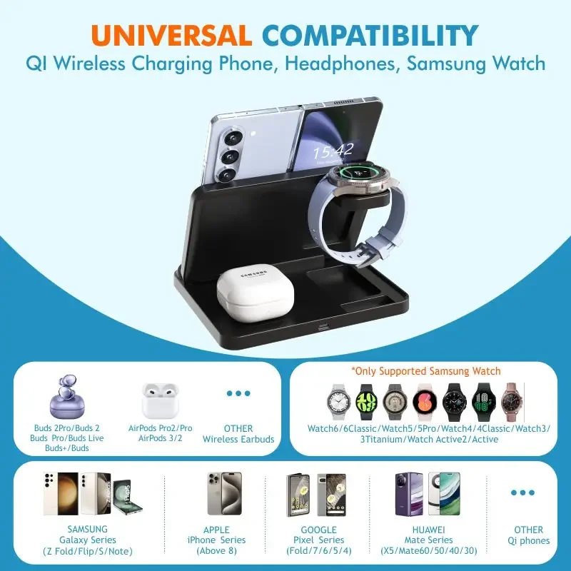 حامل شاحن لاسلكي لهاتف Samsung Z Fold ، محطة شحن سريع قابلة للطي ، Zflip5 S24 S23 Ultra ، ساعة Galaxy 6 5 Buds2 ، 3 في 1