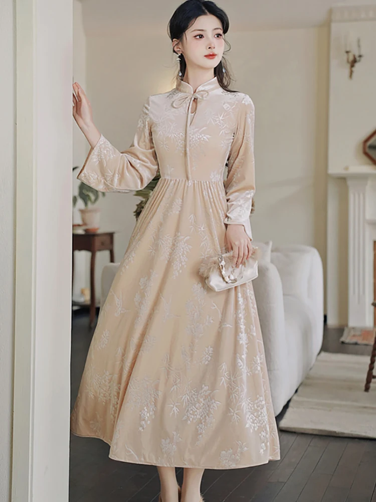 Vrouwen jacquard chique strik opstaande kraag maxi-jurk herfst winter Koreaanse vintage luxe jurk jurk 2025, elegante bodycon feestjurk