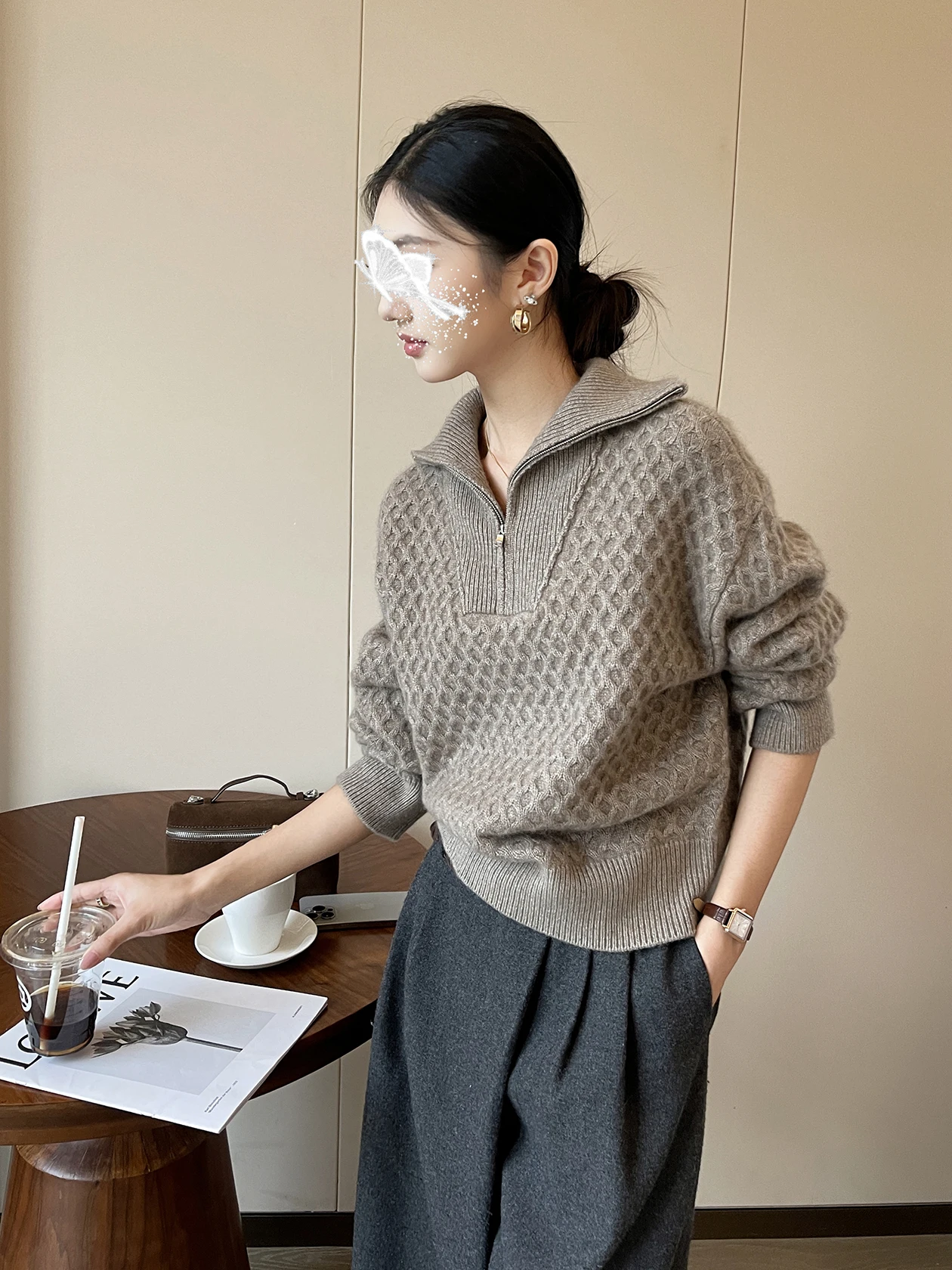 

Женский вязаный свитер с воротником на молнии цвета карамели, мягкий, уютный, повседневный, свободного кроя, с длинными рукавами, теплый, модный трикотаж для зимы