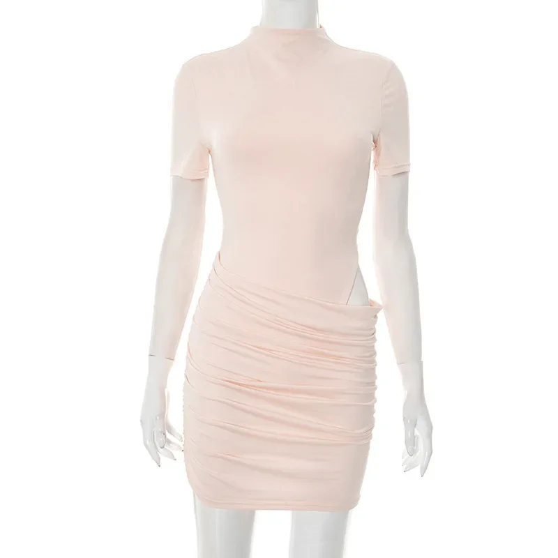 Scava Fuori Y2K Streetwear Aderente Increspato Donne Mini Abito Vestito Autunno Inverno Manica Corta Collo Mock Abiti Vestido Party Club