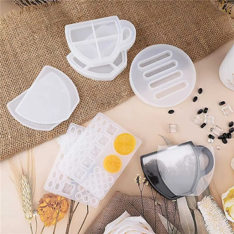 

A013 Coaster Resin Mold, 7 Pcs Coaster Molds for Epoxy Resin, Coffee Cup Shape Resin Shaker Mold with Lemon Coffee Bean Mold