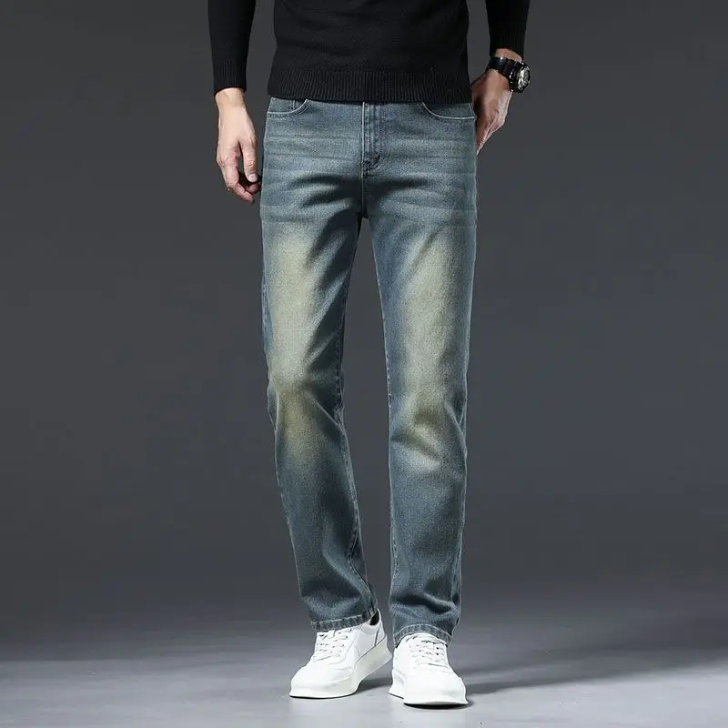 

Высококачественные мужские джинсы для бега, эластичные тонкие прямые брюки, хлопковые эластичные джинсовые брюки, весна-осень, новые длинные брюки в стиле ретро, повседневные