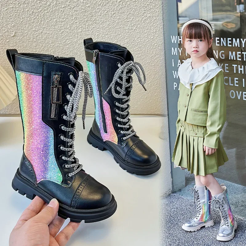 Girls Boots Autumn and Winter 2025 New Kids High Boots Unique Little Princess Plus-Velvet Colorful Child Fashion Glossy Silver