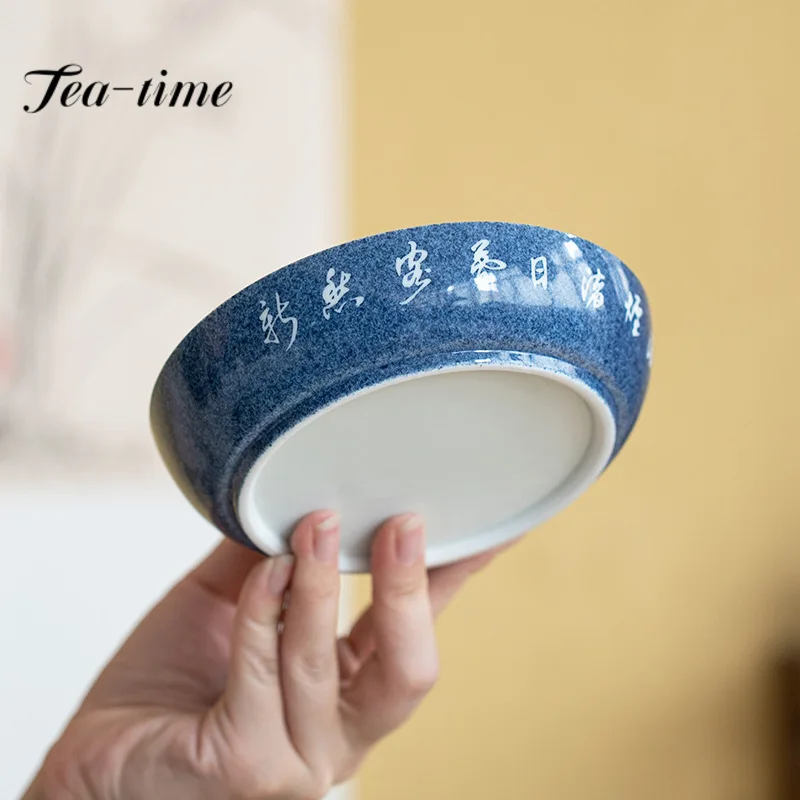 Chinese Sprinkled Blue Ceramic Pot Bearing Holder Handwritten Dry Brew Table Tea Tray Fruit Snack Plate Kung Fu Tea Tea Ceremony