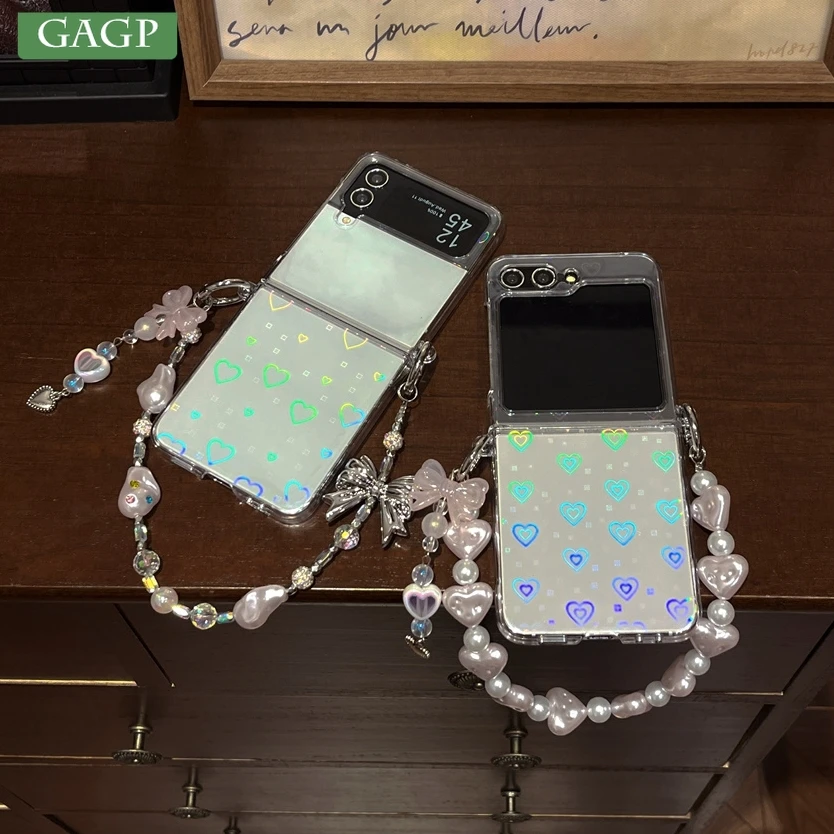 For Samsung Galaxy Z Flip 6 5 Case Luxury Love Heart Wrist Chain Lanyard Laser Clear Aurora Thin Cover For Galaxy Z Flip 4 3