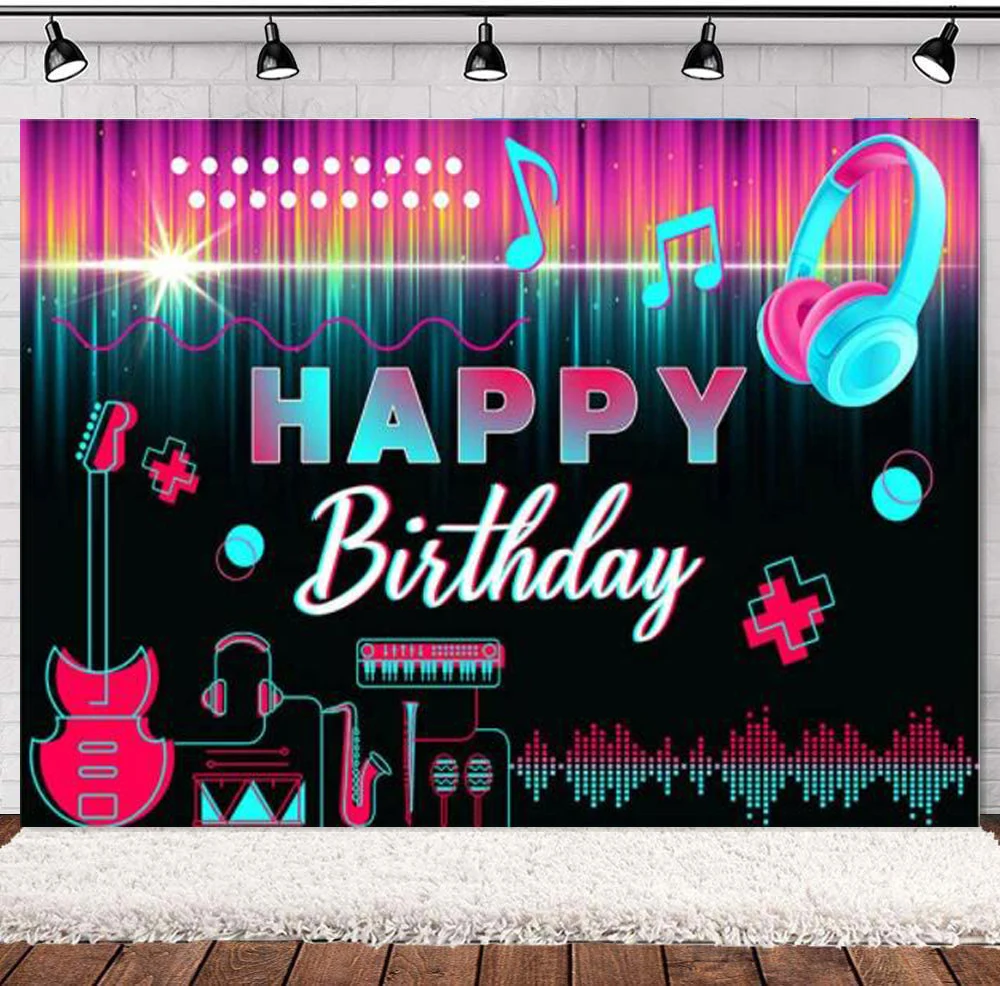 Happy Birthday Backdrop For Women Popular Music Party Pink Guitar Audio Blue Headset Karaoke Photo Background Cake Table Decor