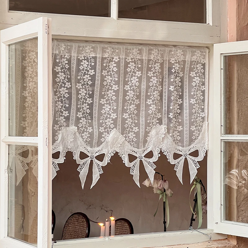 

French Vintage Lace Wavy Edge with Bow Pendant Small Window Short Tulle Curtains,White Jacquard Woven Half Curtains For Door