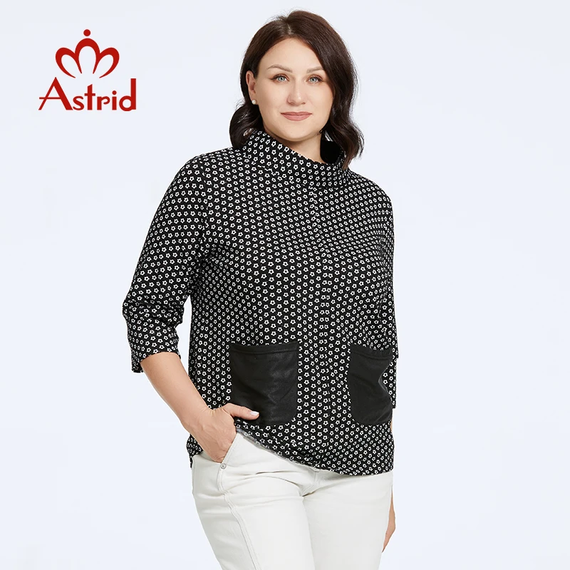 Astrid Women's Blouses 2023 Cotton Top Female Plus Size Stand-up collar Clothing Fashion Floral print T-shirt Lady Office Tees