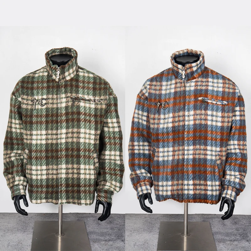 

High Street Korean Style THUG CLUB Jacket Zipper Coats Men Women Loose Casual Retro Plaid Shirts Thug Club Long Sleeve