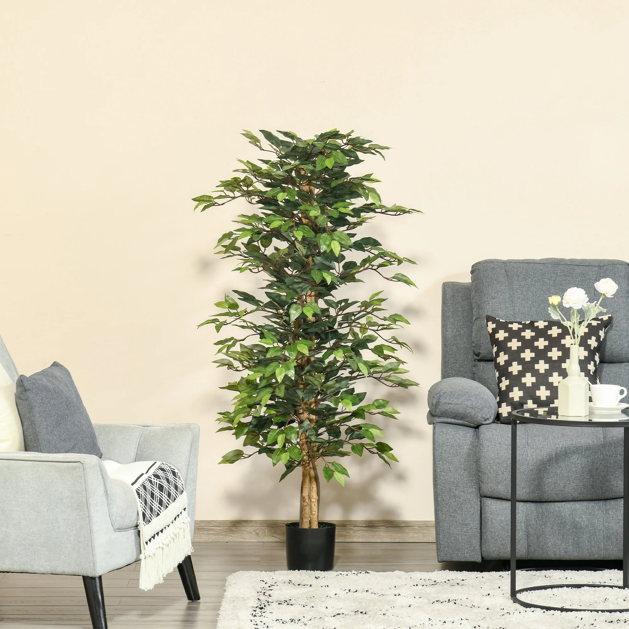HOMCOM Kunstmatige Ficusboom Groot 150 cm Kunstmatige boom Kunstplant Kunststof Kunstplanten in pot Nepplant als echt voor woonkamer slaapkamer kantoor tuin Moderne decoratie cadeau