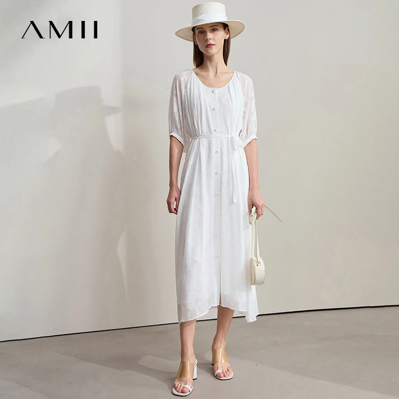 

AMII Beige Dress Vacation 2025 Summer Office Lady Belt Chiffon Women Beaded Button A Line Round Neck Fairycore Dresses 12542143